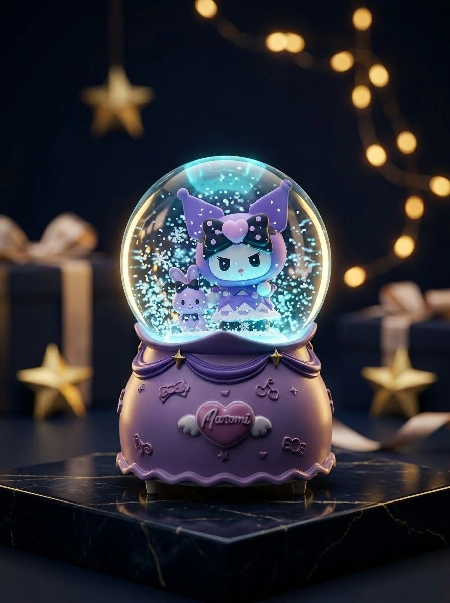 Boule à Neige Féerique Kuromi — Éclairage féerique doux, flocons scintillants et socle pastel.
