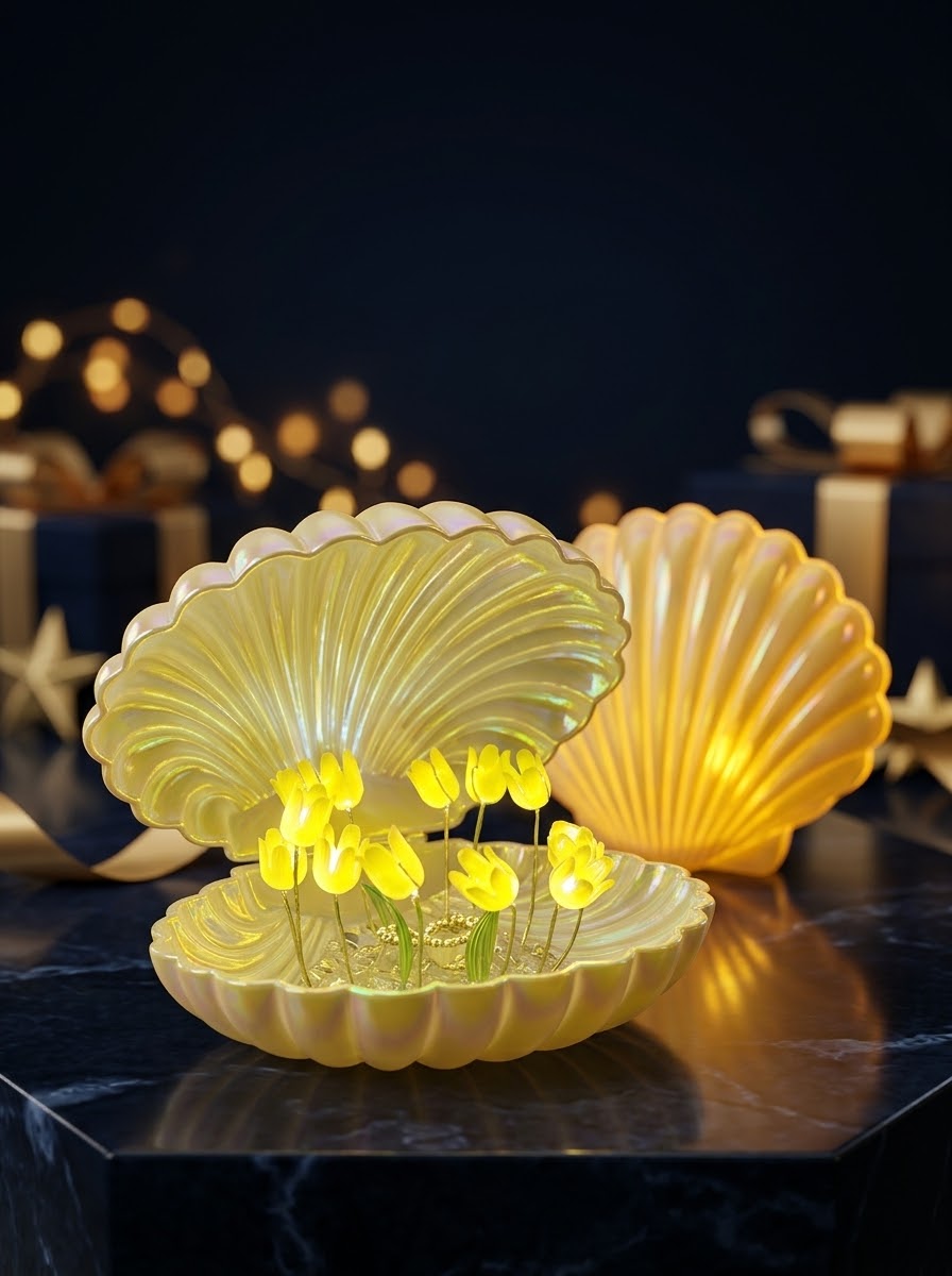 Lampe Coquillage Tulipes Lumineuses — Coquillage nacré s'ouvrant sur un bouquet de tulipes lumineuses.